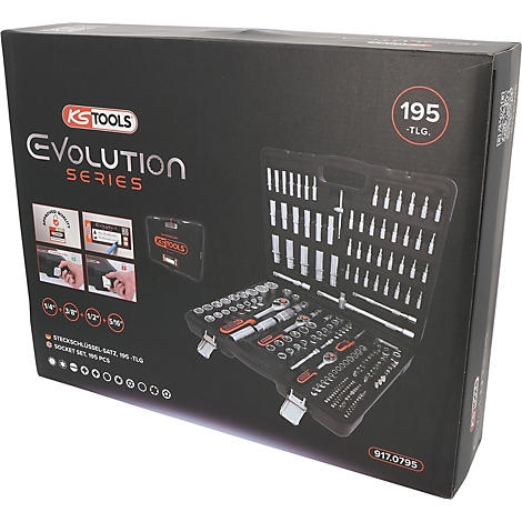 Coffret à outils noir avec 195 pièces. Inscription : KS Tools Evolution Series.